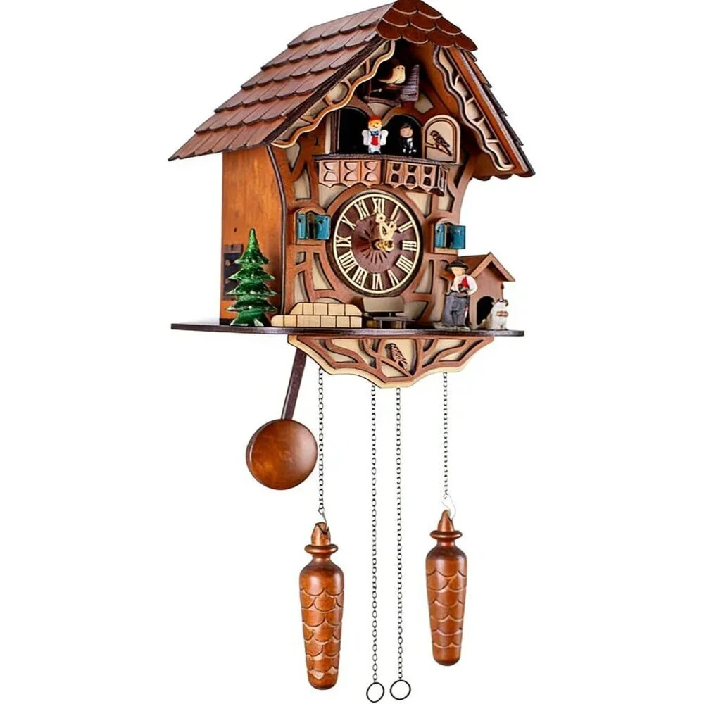 Traditional Black Forest Wooden Cuckoo Clock with Dancing Figures, Handcrafted W